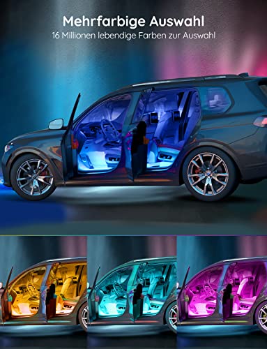 Govee LED Interior Lighting Car, 4 Pieces, 48 Strip, Upgrade Two-Line Design, Waterproof Lighting App Controllable Multicoloured Music with Cigarette Lighter, 12 V | 16M DIY-Farben, 4pcs 48 Strip Zigarettenanzünder mit Speicherfunktion, Wasserdichte, Kurzschlussschutz, SUV & Limousine, 12V