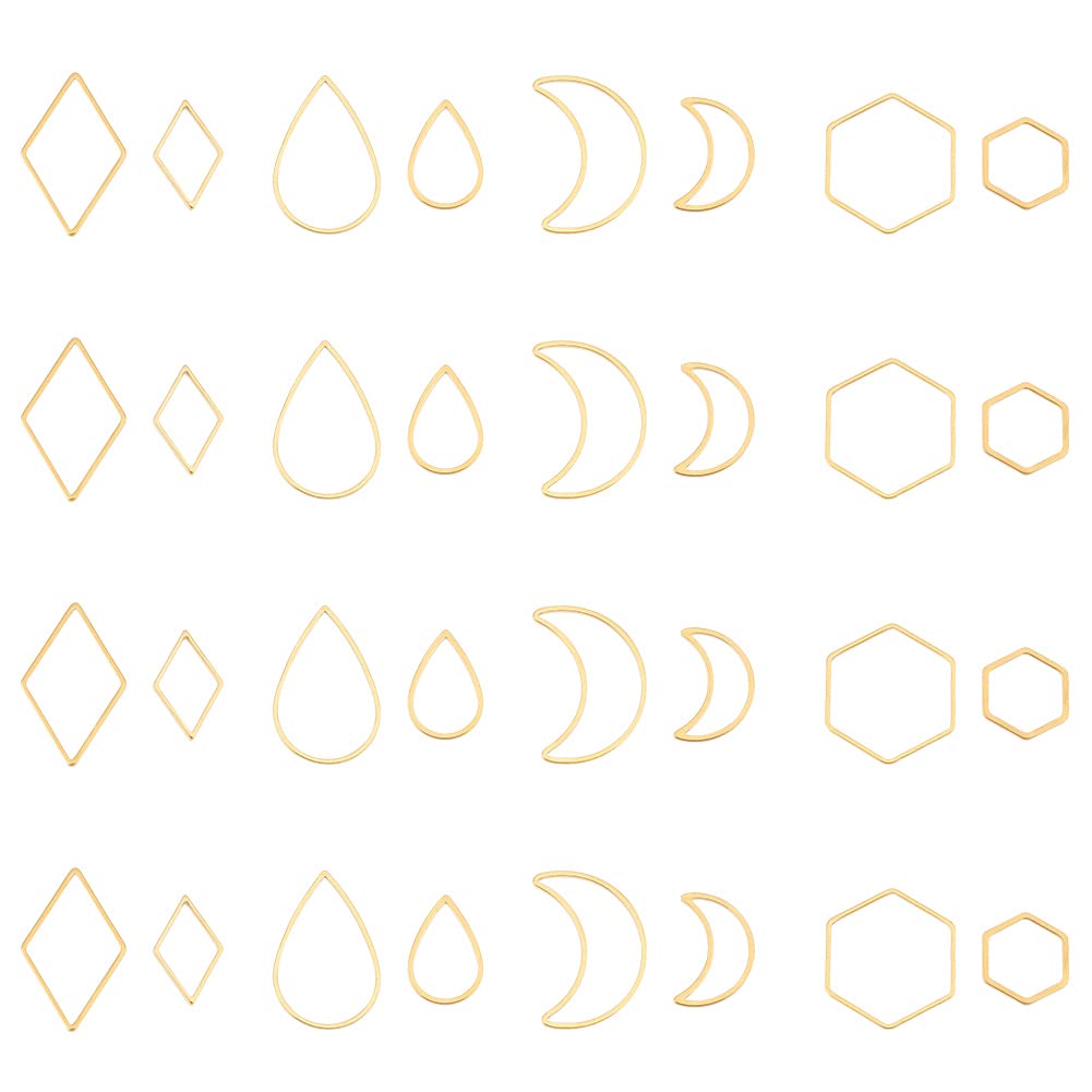 UNICRAFTALE 32Pcs 8 Style 304 Stainless Steel Linking Rings Rhombus Teardrop Hexagon Moon Shape Links Golden Hollow Ring Charm Links Metal Frames Connectors Pendant Links for DIY Jewelry Making