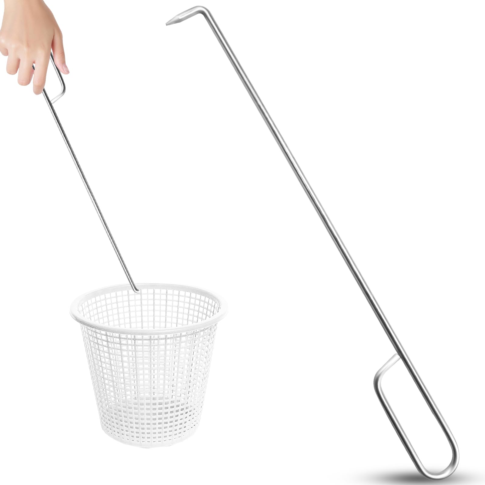 Skimmer Hook, Stainless Steel Pool Skimmer Basket Hook Tool Extended Knee Protection Skimmer Basket Handle for Cleaning Swimming Pool Debris Pool Skimmer Hook, Keep Your Hand Safe Skimmer Basket Hook