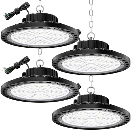 TOPAUBUB 100W UFO LED Interior Ceiling Spotlights, 4 Pieces, LED Ceiling Lamps 10000LM IP65 6500K with Metal Chain 30 cm, Driver, Industrial Spotlight for Garage