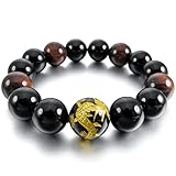 INBLUE Men,Women's 14mm Energy Bracelet Link Wrist Energy Stone Black Gold Tone Dragon Buddha Mala Bead