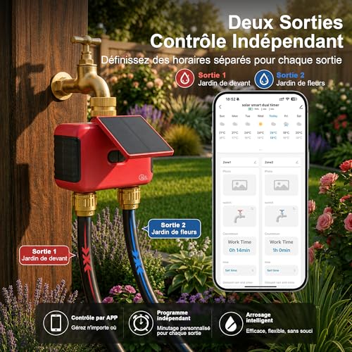 Programmateur d’arrosage WiFi 2 Zones, minuteur d’Eau Solaire Rechargeable à Double Sortie, raccords en Laiton, sans hub, app Smart Life, Compatible Alexa et Google Assistant