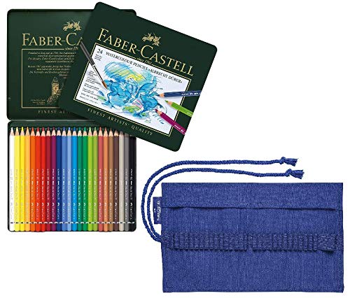 Faber-Castell 117524 Watercolour Pencils with Design Pen Roll of 24 Metal Cases