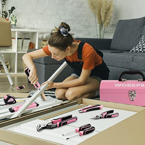 WORKPRO 75-Piece Pink Tools Set, 3.7V Rotatable Cordless Screwdriver and Household Tool Kit, Basic Tool Set with 13\'\' Portable Steel Tool Box for Home, Garage, Apartment, Dorm, New House - Pink Ribbon