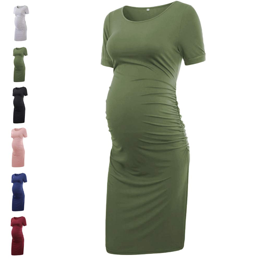 MAXIUSS Women's Maternity Casual Side Ruched Dress Knee Length Baby Shower Maternity Midi Bodycon Pregnancy Dress