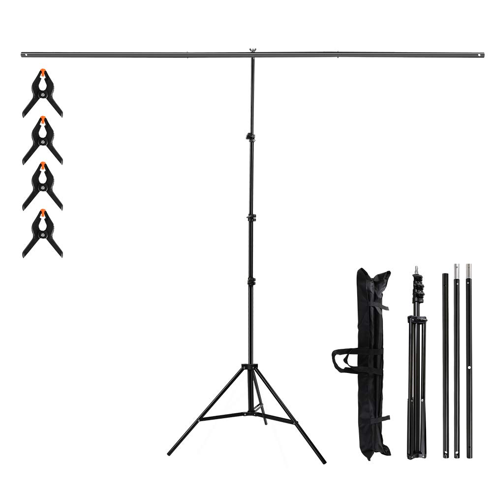 T-Shape Portable Background Backdrop Support Stand Kit 6.5ft Wide 8.5ft Tall for Video Studio Photography with 4 Spring Clamps and Carrying Bag