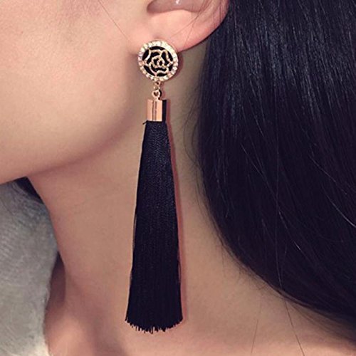 Xixou Tassel Earrings Dangle Style Trendy 3 Colors - Long Tassel Earrings Silk Crystal Dangle Drop Boho Earrings for Women Jewelry (Black)