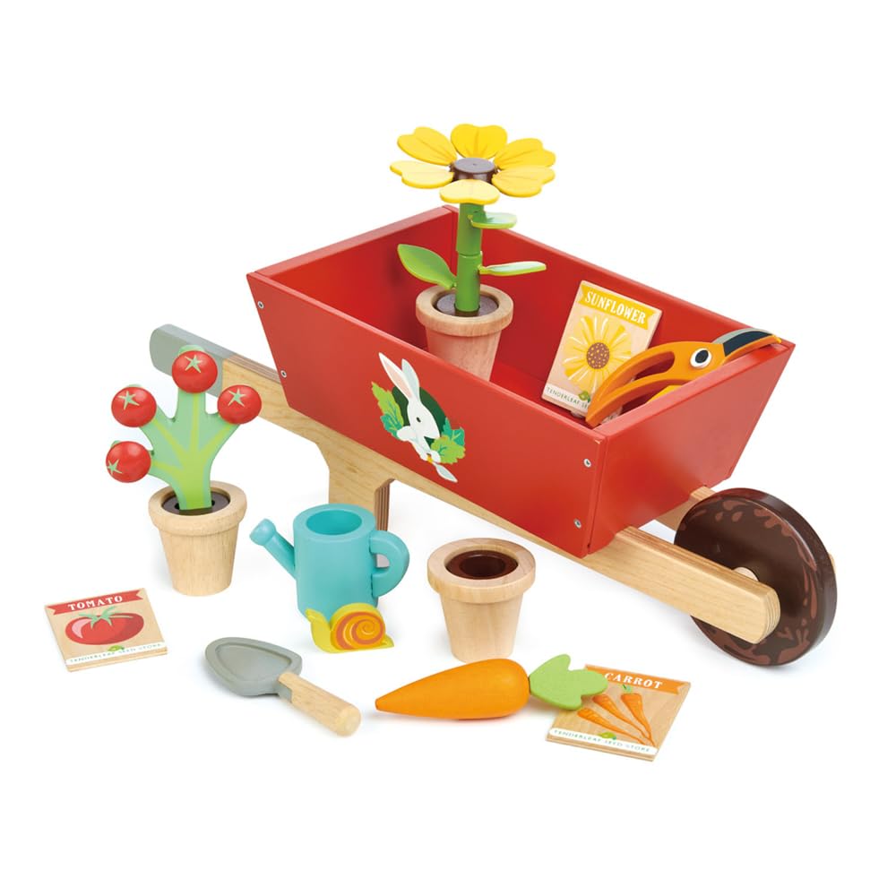 Tender Leaf Toys - Garden Wheelbarrow Set - Deluxe Garden Pretend Play Wooden Toy Set for Gardening - Educational, Creative and Imaginative Fun in Garden for Children 3+