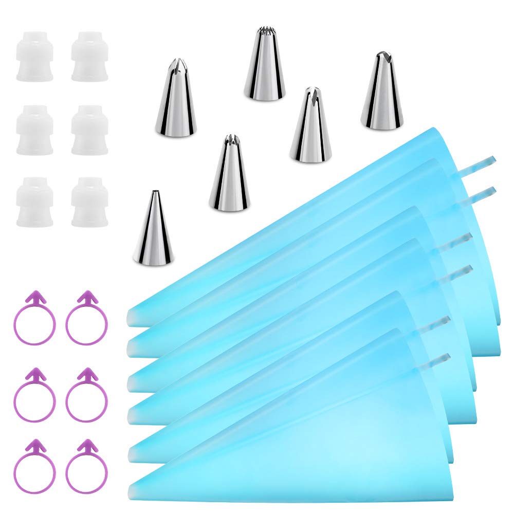 Kasmoire Reusable Silicone Piping Bags Set, 6 Pieces with 6 Tips, Couplers & Ties, Blue, Cake Decorating Tools for Icing, Cookie, Cupcakes