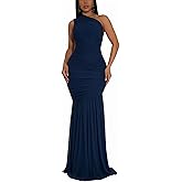 AIIYYQB Women's Sexy One Shoulder Sleeves Bodycon Ruched Long Elegant Formal Wedding Guest Evening Dresses