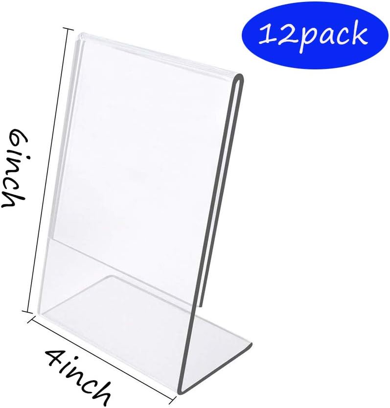 Acrylic Sign Holder 4x6, 4 x 6 inch L Slanted Back Clear Acrylic Table Stand Holder,12 Pack of 4x6 Plexi Sign Holder,Plastic Table Number Signs Fame,Plexiglass Menu Holder Stand Frame (12 Pack)