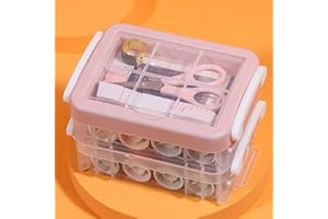 Portable 3-Layer Transparent Sewing Box Set, Household Sewing Kit with Thread, Scissors, Needles & Thimbles, Pink