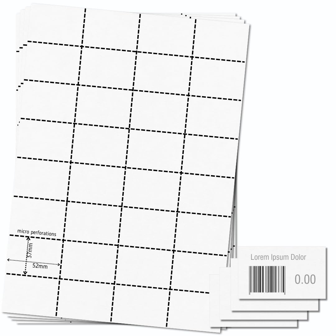 OfficeGear Shelf Edge Barcode Price Ticket Labels 32-up [25 Sheets - 800 Pack] 37x52mm Custom Printable A4 120gsm Card Micro-Perforated Non-Adhesive Merchandise Tag Includes Design Template