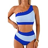 Herseas Women's One Shoulder Petal Edges Bikini Sets Color Block Swimsuits High Waisted Bathing Suits