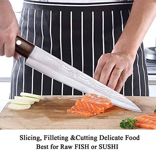 Sashimi Sushi Knife, Pro 8 Inch Chef Knife, Kitchen Knife with German High Carbon Stainless Steel & Gray Leather Wooden Handle Great for Slicing Meat, Fruits, Vegetables