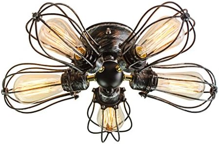 EdiMoM Brand; 5 Lights Industrial Barn Metal Flush Mount Ceiling Light Max 300W, Black And Copper