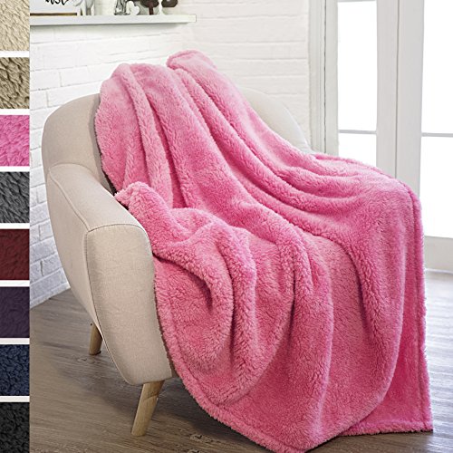 PAVILIA Plush Sherpa Throw Blanket for Couch Sofa | Fluffy Microfiber Fleece Throw | Soft, Fuzzy, Cozy, Lightweight | Solid Pink Blanket | 50 x 60 Inches