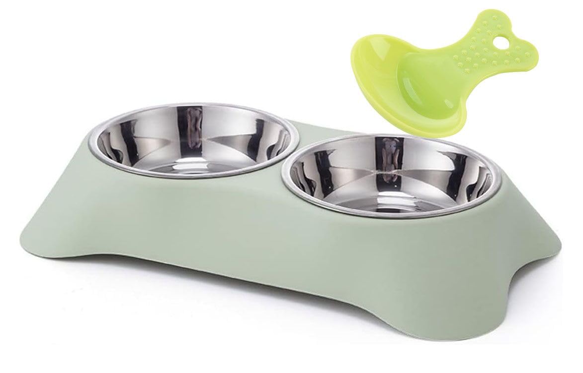 Double Dog Bowl,Non Slip Non-spill Stainless Steel Double Bowl with 1 Pet Food Spoop For Small Dogs and Cats (M, Green)
