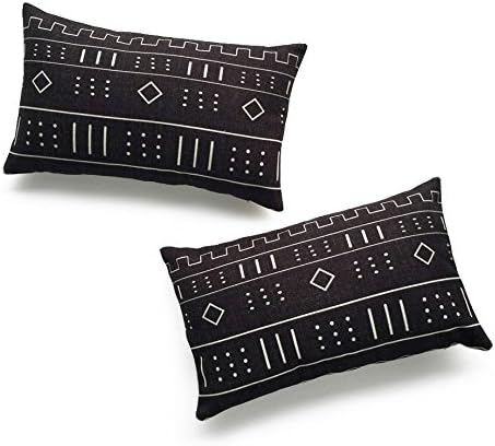 Hofdeco Store Decorative Lumbar Pillow Cover Heavy Weight Cotton Linen African Mud Cloth Ethnic Black Geo Stripe 12"x20" 30cm x 50cm Set of 2