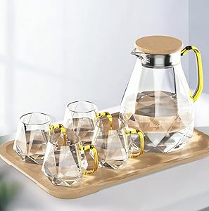 DUJUST Glass Pitcher with 4 Cups, 1 Tray, Elegant Diamond Design Water Pitcher with Handle, Decoration for Room, High Durability Water Glass Carafe for Ice Tea Pot, Beverage, Hot/Cold Coffee