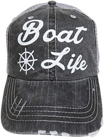 Glitter Boat Life Distressed Look Grey Trucker Cap Hat Lake (White Glitter)