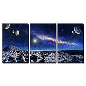 3 Piece Canvas Wall Art - Night Space Landscape. Milky Way Galaxy and Planets Over Mountains - Modern Home Art Stretched and Framed Ready to Hang - 16"x24"x3 Panels