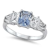 Cubic Zirconia Three Stones Princess Center Ring Sterling Silver (Color Options, Sizes 4-12)