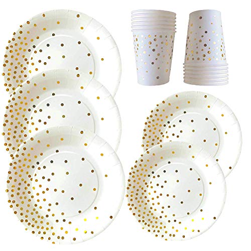 Disposable Plates - Serves 24-72 Piece White Paper Party Plates and Cups Set with Gold Foiled Confetti Polka Dots Party Supplies - 9" Plates, 7" Plates, 9oz Cups for Birthday Baby Shower - Thumbnail 5