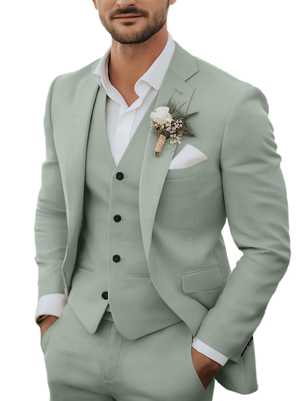 Photo 1 of Men's 3 Piece Linen Suits Set Regular Fit Casual Lightweight Blazer Jacket Vest and Pants Light Green M