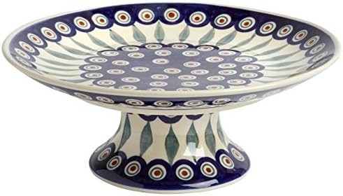 Polish Pottery Peacock Feathers Cake Stand, 10" Diameter x 4" Height
