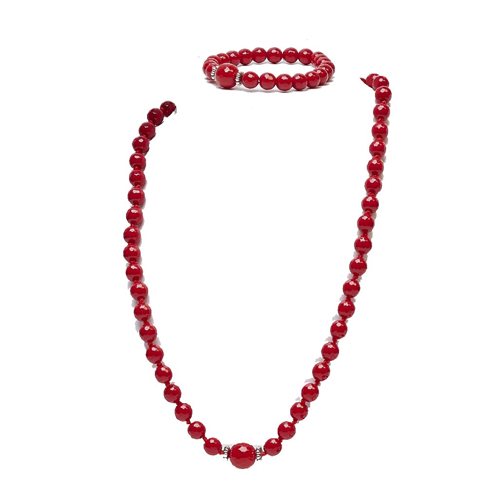 Treasure Bay Womens Gemstone Necklace Set - 8-12mm Red Jade Gemstone Beaded Necklace Bracelet Jewellery Set For Women