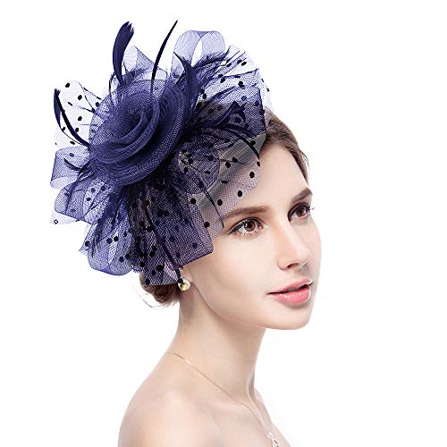 Jack & Rose Fascinator Hat Flower Feather Net Mesh Kentucky Derby Tea Party Headwear with Hair Clip and Hairband for Women or Girls Navy Blue