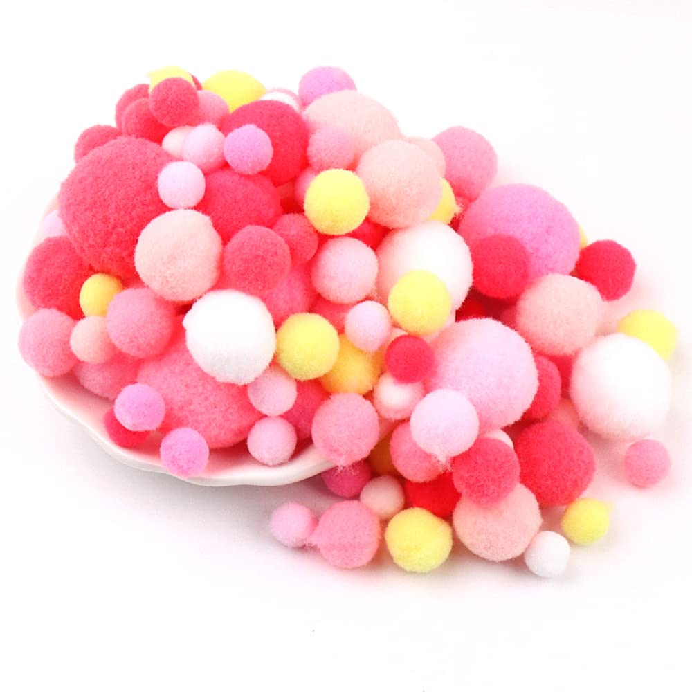 135 Colourful Pompoms for Crafts,10-30 mm Mini Pompoms Balls,Small Pompoms Balls,Fluffy Colourful Pom Pom Decoration Pompom Plush Balls Craft Accessories for Sewing Decoration DIY Crafts,Rose Pink