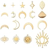 AHANDMAKER 144Pcs Moon Charms Metal Crescent Charms Star/Sun/Leaf/Eye Dangle Linking Connectors Golden Blank Tag Pendants for Jewelry Making Findings Necklace Earrings DIY Craft