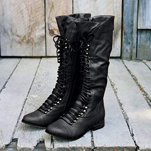 TnaIolral Outdoor Boots Women's Classic Round Toe Low-Heeled Lace-Up Western Knight Shoes (US:9, Black)