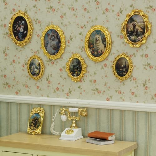 iLAND 1/12 Scale Accessories of Tiny Frames 7pcs with 14 Miniature Pictures Set for Dollhouse Miniatures Décor Also Elf Accessories Classic & Exquisite (Golden Tiny Frame Art)