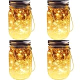 Solar Mason Jar Lights, 4 Pack 30 Leds Waterproof Fairy Firefly String Lights Build-in Glass Mason Jar, Best Patio Garden Decor Solar Hanging Lanterns Outdoor Warm White (4 Pack-Mason Jars Included)
