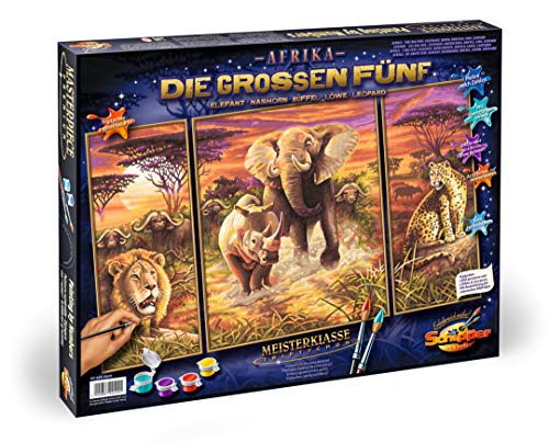 Schipper 609260520 Malen nach Zahlen - Afrika die großen Fünf - Bilder malen für Erwachsene, inklusive Pinsel und Acrylfarben, Triptychon, 50 x 80 cm