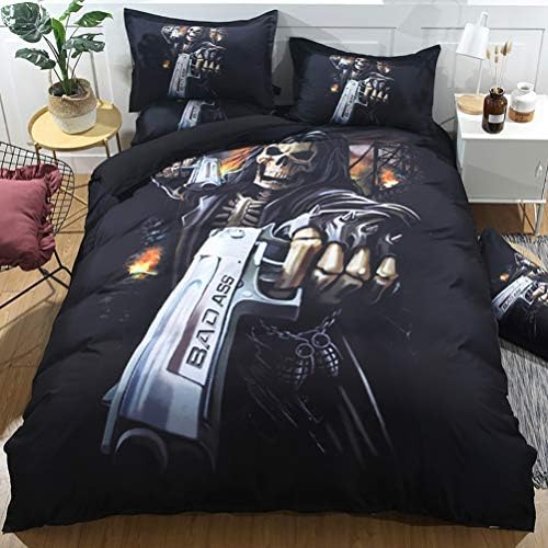 ZMZKK Skull Bedding Set Full 200x230cm Skeleton Skull with Guns Duvet Cover Set 3pcs with 2 Pillow Shams Microfiber