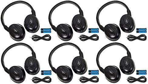 6 Pack of Two Channel Fold Flat Adjustable Universal Entertainment System Infrared Headphones 6 Additional 48" 3.5mm Auxiliary Cords Wireless IR DVD Player Head Phones Car TV Video Audio Listening