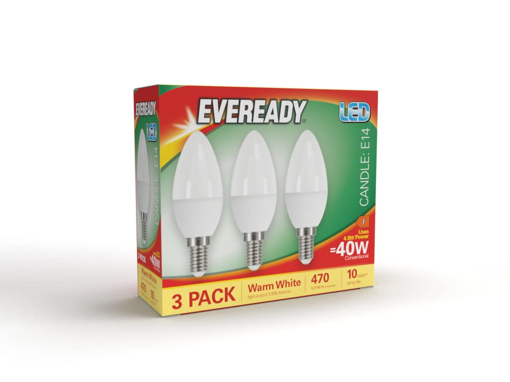 Eveready E14 LED Light Bulb, Warm White 3000K, 40W Equivalent, 470 Lumen LED Candle Bulb, SES Small Edison Screw Light Bulbs, Non-Dimmable, Pack of 3