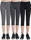 FITTIN Women's Yoga Capri's Leggings w/ Pocket, Black/Grey, Pack of 3 (Large)