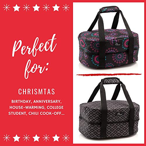 Slow Cooker Bag for Carrying Oval and Round-Shaped Crockpots, Multi Cookers, Rice & Pressure Cookers up to 6 Quarts to Transport Hot Food with Ease and in Style (Black Trellis)