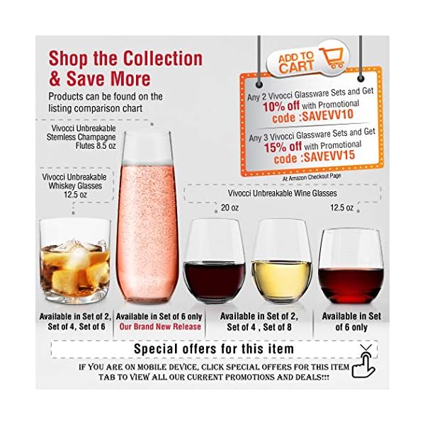 Vivocci Unbreakable Plastic Stemless Wine Glasses 20 oz 100 Tritan Heavy Base Shatterproof