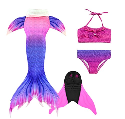 Kids Girls Sparkle Mermaid Tail with Monofin Swimmable Swimwear 4pcs Sets for Kids 3~10Years (120 (6-8 Years), A-Blue Pink)