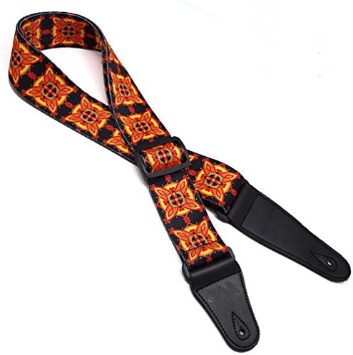 Guitar Strap Ethnic Style Pattern with Leather Ends Adjustable Strap for Acoustic Guitar Electric Bass Guitar Orange