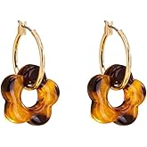 Leopard Print Flower Charm Gold Plated Hoop Earrings for Women Dainty Vintage Cute Acrylic Floral Short Dangle Drop Huggie Hoops Hypoallergenic Fashion Boho Unique Trendy Jewelry