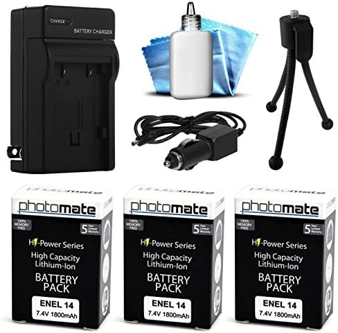 (3 Pack) PhotoMate EN-EL14 EL14 Ultra High Capacity Rechargable Battery (1800mAh) + Rapid Home AC Wall Charger + Car Adapter + Euro Plug + Cleaning Kit + Mini Tripod for Nikon D3100, D3200, D3300, D5100, D5200, D5300, DF, Coolpix P7100, P7000, P7700, P7800 DSLR Digital Camera