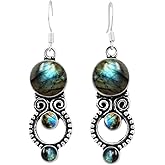 Natural Round Shape Gemstones Dangle Earrings for Women - Silver Plated Birthstone Boho Handmade Jewelry Earrings - Gift for Wife Mom Her