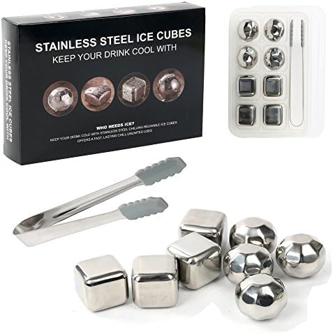 YaeBrew Set of 8 Stainless Steel Whiskey Ice Cubes &amp; Diamonds with Freezing Storage Tray and Barman Tongs Reusable Wine Chillers, Whisky Chillers, Whiskey Chilling Rocks